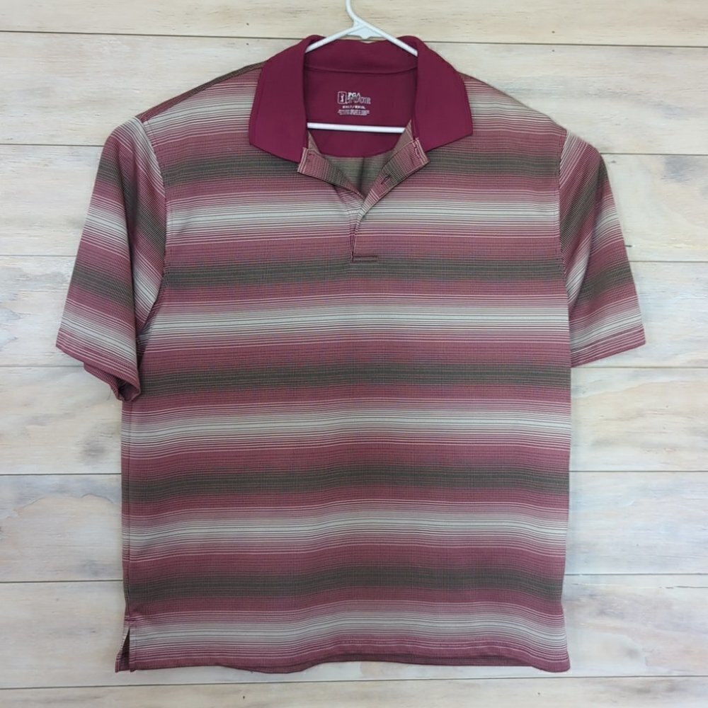 Men's Sz XL PGA Tour Golf Polo Short Sleeve Shirt Pink Gray Stripes Polyester